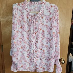From QVC In A Bag Many Shades Of Pink and Orange Ish Floral Button Front Blouse